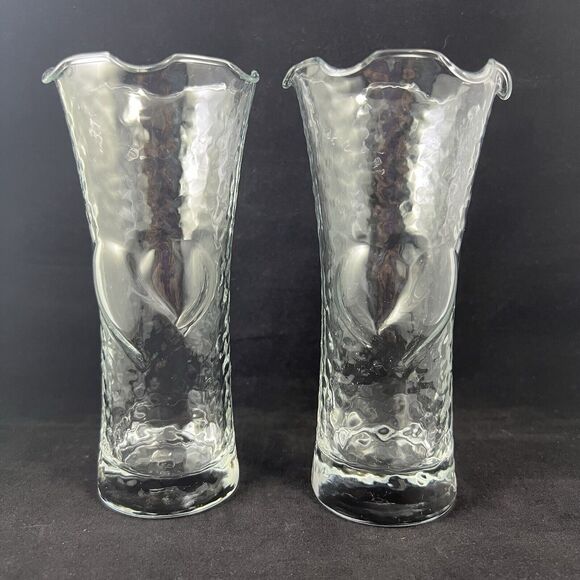 Set Of 2 Vintage Anchor Hocking Dimpled Heart Scalloped Edge Clear Glass Vase - Picture 4 of 13